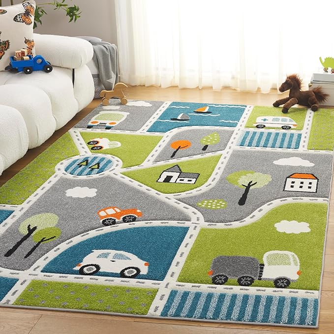 SAFAVIEH Area Rug 8x10 - Carousel Kids Collection - Large - Green & Grey, Non-Shedding & Easy Cleaning, Ideal for Boys & Girls in Playroom, Nursery, Bedroom (CRK193Y)