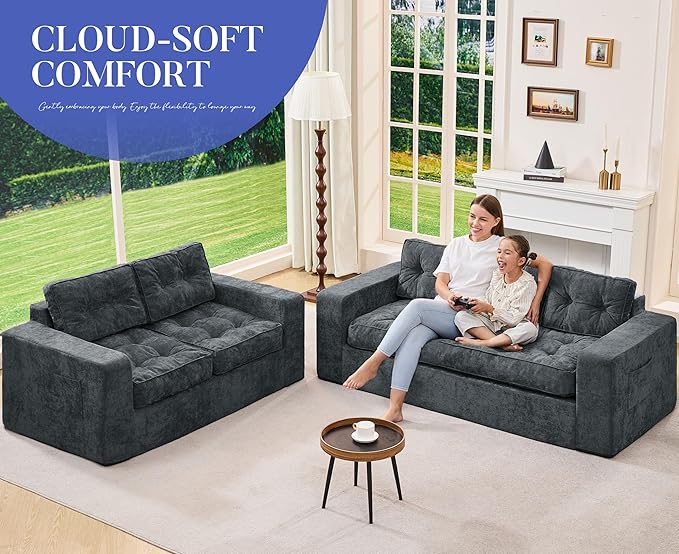 Hobestluk Sofa Couch Loveseat Sofa with Chenille Fabric 2-Seater Sofa for Small Spaces Comfortable Foam Floor Sofa 2 in 1 Boneless Couch for Living Room Bedroom (Blue Grey, Loveseat)