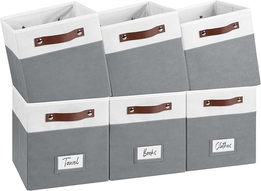 6-Pack Storage Cubes with Handles & Label Holders Basket, Closet Cube Home Organizer Bins(White/Dark Grey, 10.5*10.5*11 inch)