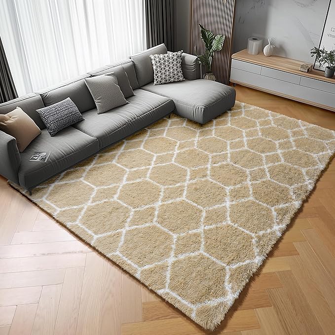 ONASAR 5x7 Area Rugs for Living Room Bedroom, Fluffy Beige and White Shag Rug, Geometric Boho Soft Plush Shaggy Floor Carpet Mat for Nursery Kids Girls Boys Teen Dorm Home Decor Aesthetic
