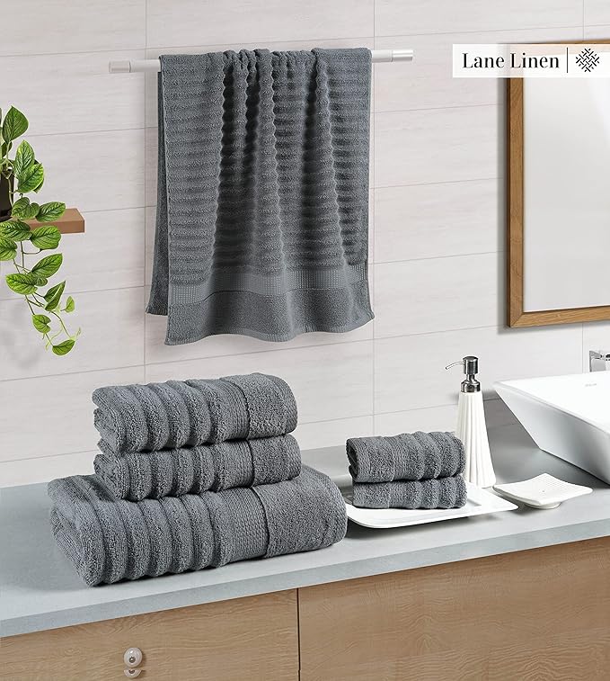 LANE LINEN Towels Set - 6 Piece Cotton Towels for Bathroom - Super Soft, Durable & Highly Absorbent - 2 Bath, 2 Washcloths, 2 Hand Towels - Oeko TEX Certified, Zero Twist Tech & Hotel Quality - Grey
