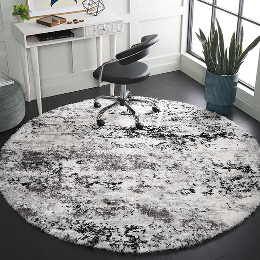 SAFAVIEH Lindsay Shag Collection Area Rug - 6'7" Round, Grey/Black Ivory, Geometric Design, Ideal for High Traffic Areas in Living Room, Bedroom, Dining (LNS556G)