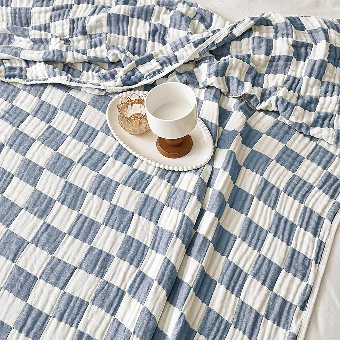SANACYNA 100% Cotton Muslin Blanket 6-Layer Gauze Blue Checkerboard Blanket Lightweight Soft and Breathable Swaddle Blanket for Crib Couch Bed Keep Warm (Blue Checker, Baby 30"x40")