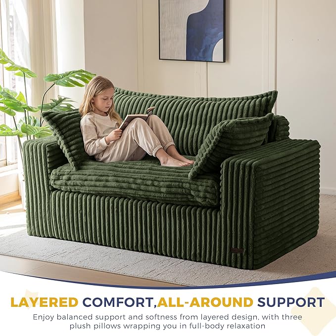 MAXYOYO 59" Bean Bag Sofa Couch, Loveseat Boneless Couch in a Box, Upholstered Small Mini Sofa with Deep Seating for Living Room Bedroom Office Apartment, No Assembly, Green