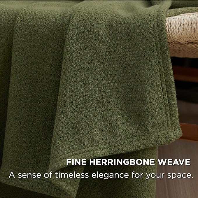 Bedsure GentleSoft 100% Cotton Large Blanket Oversized King for Bed 120x94 inches - Breathable Soft Cozy Herringbone Woven Blanket for Summer, Couch Cover, Olive Green