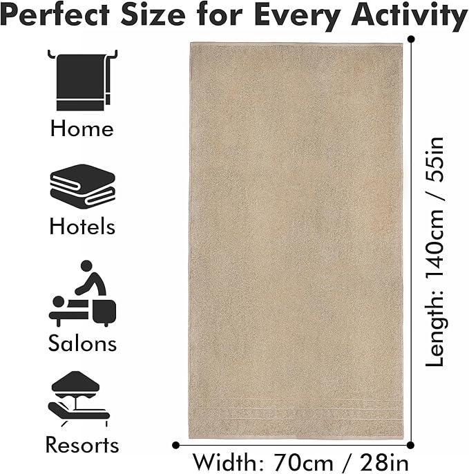 Bath Towels Set of 4 – 100% Cotton Beige Extra Large Towels for Bathroom, Spa Use (55x28 in) – Super Soft and Quick Dry Large Bath Sheets for Adults