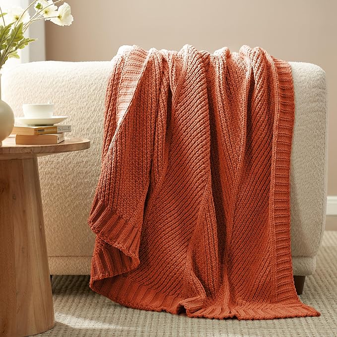 Chenille Knit Throw Blanket 50x60 - Burnt Orange Cozy Blanket for Couch & Sofa