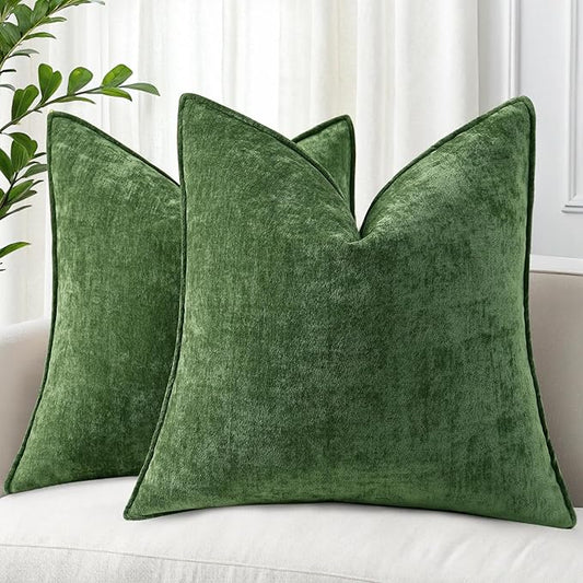 decorUhome Spring Couch Throw Pillow Covers 16x16 Set of 2, Decorative Soft Velvet Modern Cozy Chenille Pillow Cases with Elegant Design for Sofa Bed Living Room Home Decor, Moss Green