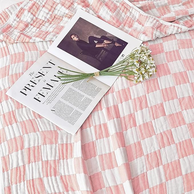 Muslin Blankets for Adults King Size 100% Cotton 6-Layer Gauze Pink Checkered Bed Blanket Lightweight Soft Breathable Christmas Blanket Gift for Women (Pink Checkerboard, King 90" X 104")