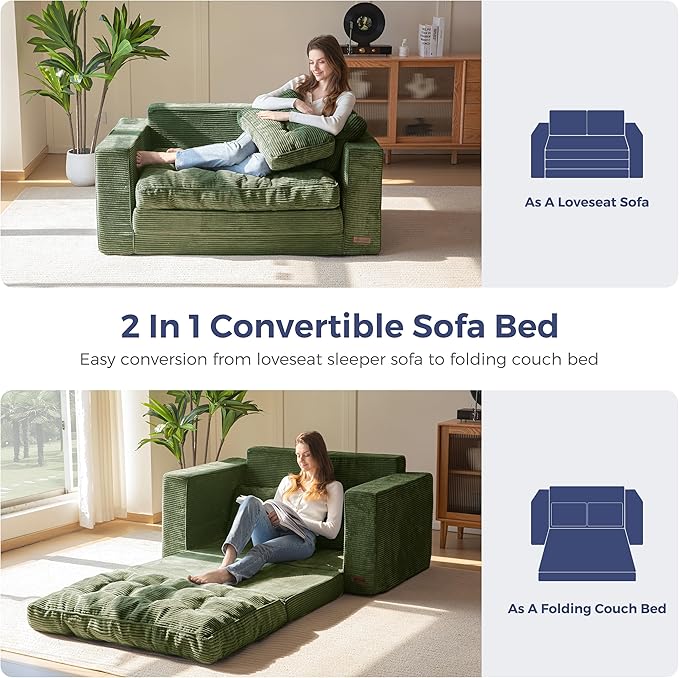 MAXYOYO Convertible Sofa Bed, Pull Out Loveseat Sleeper Sofa, 2 in 1 Folding Couch Bed, Fold Out Floor Couch with Pillows for Living Room Bedroom Lounge, Dark Green