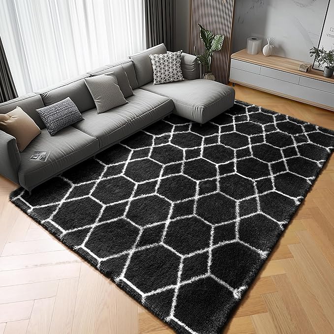 ONASAR Area Rugs for Living Room Bedroom, 5x8 Fluffy Black and White Rug, Geometric Boho Soft Plush Shaggy Fuzzy Floor Carpet for Nursery Kids Girls Boys Teen Dorm Home Decor Aesthetic