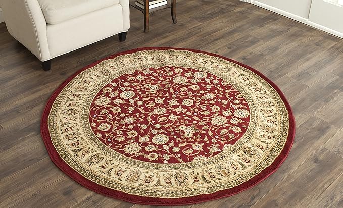 SAFAVIEH Lyndhurst Collection Area Rug - 8' Round, Red & Ivory, Traditional Oriental Design, Non-Shedding & Easy Care, Ideal for High Traffic Areas in Living Room, Bedroom (LNH312A)