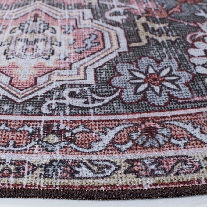 SAFAVIEH Washable Rug Tucson Collection - 6' Round, Pink & Beige, Slip Resistant & Easy to Clean, Ideal for Living Room, Bedroom, Dining Space (TSN144U)