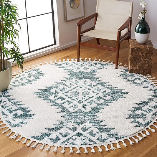 SAFAVIEH Moroccan Tassel Shag Collection Area Rug - 6'7" Round, Green & Ivory, Boho Design, Non-Shedding & Easy Care, 2-inch Thick Ideal for High Traffic Areas in Living Room, Bedroom (MTS652Y)