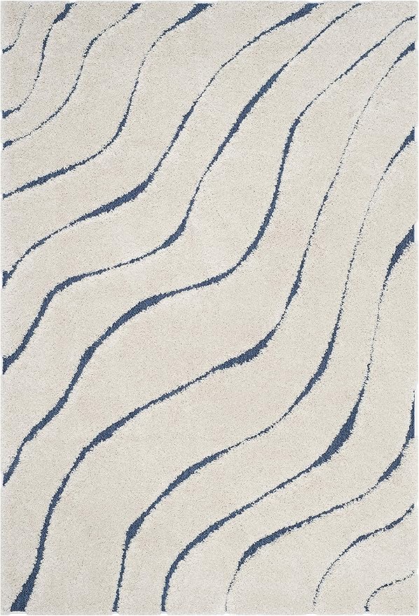 SAFAVIEH Florida Shag Collection Area Rug - 6' x 9', Cream & Blue, Non-Shedding & Easy Care, 1.2-inch Thick Ideal for High Traffic Areas in Living Room, Bedroom (SG472-1165)
