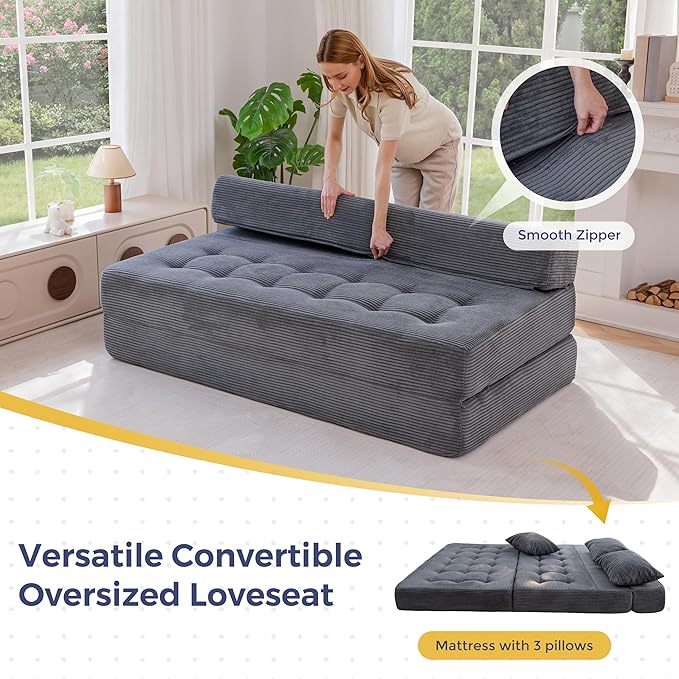 MAXYOYO Folding Sofa Couch, Convertible Floor Sleeper Couch with 3 Pillows, Tufted Floor Oversized Loveseat Couch Tufted Fold Out Chair Bed Comfy Sofa Lounge for Living Room Bedroom, Dark Grey