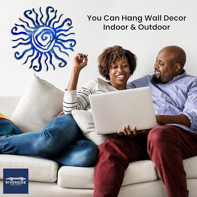 Riverside Designs Wacky Sun Metal Wall Art Indoor/Outdoor Decor - 12" Blue, Rust Proof Wall Sculpture - Made in USA - Ideal for Bedroom, Garden, Home, Patio and Farmhouse