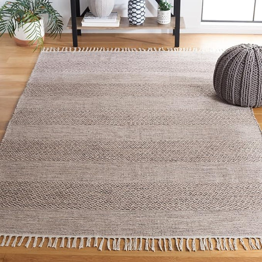 SAFAVIEH Montauk Collection Area Rug - 5' x 8', Ivory & Steel Grey, Handmade Flat Weave Boho Farmhouse Cotton Tassel Fringe, Ideal for High Traffic Areas in Living Room, Bedroom (MTK330M)