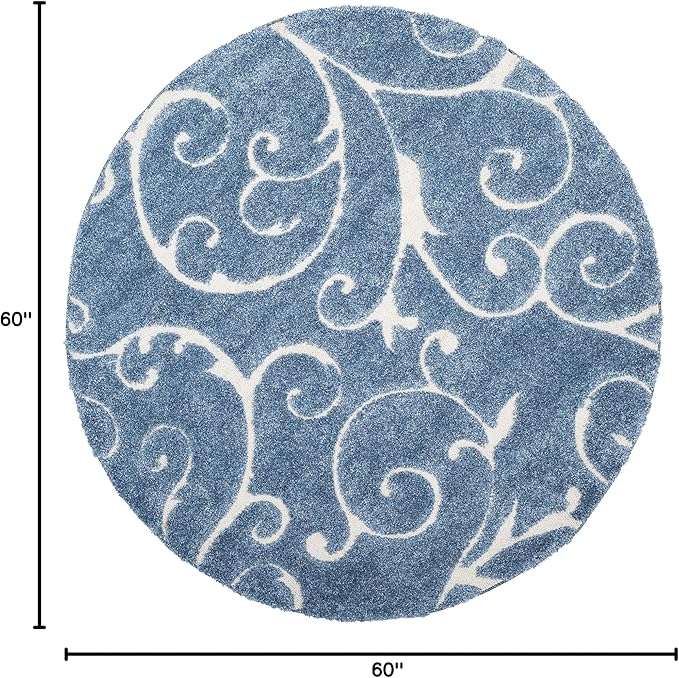 SAFAVIEH Florida Shag Collection Area Rug - 5' Round, Light Blue & Cream, Scroll Design, Non-Shedding & Easy to Clean, High-Low Plush Pile, Ideal for Living Room, Bedroom, Dining Space (SG455-6011)