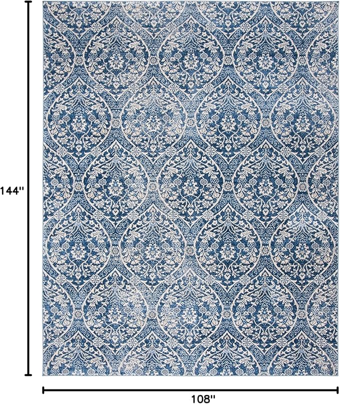SAFAVIEH Brentwood Collection Area Rug - 9' x 12', Navy & Light Grey, Floral Damask Ogee Trellis Design, Non-Shedding & Easy Care, Ideal for High Traffic Areas in Living Room, Bedroom (BNT860M)