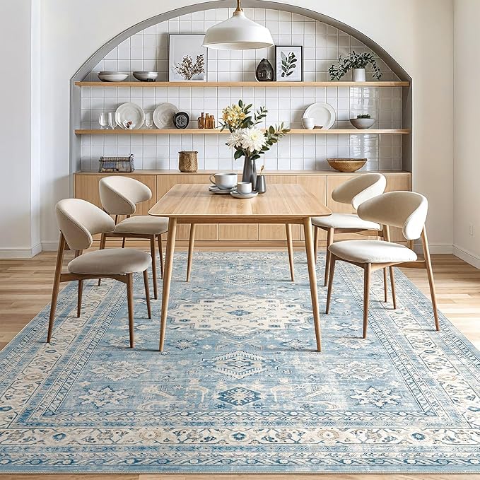 Vintage Living Room Area Rug 5x7 - Large Soft Washable Oriental Traditional Distressed Farmhouse Rugs for Bedroom - Indoor Floor Accent Carpet for Home Office House Decor - Blue