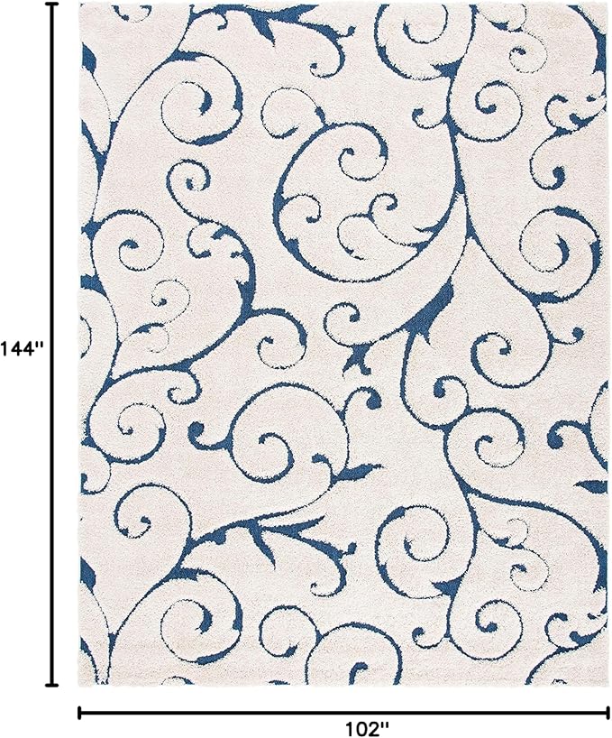 SAFAVIEH Area Rug 9x12 - Florida Shag Collection - Large - Cream & Blue, Scroll Design, Non-Shedding & Easy to Clean, High-Low Plush Pile, Ideal for Living Room, Bedroom, Dining Space (SG455-1165)