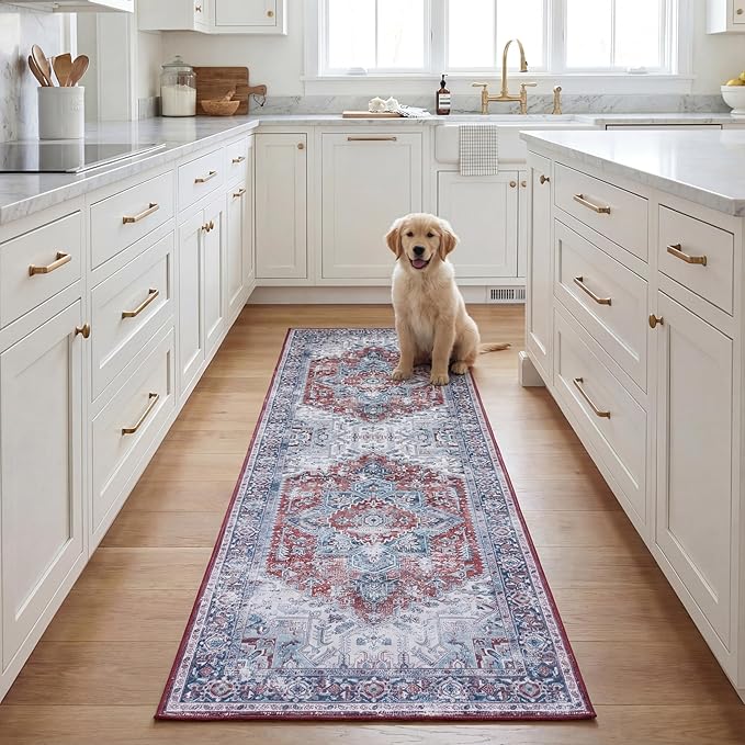 SAFAVIEH Washable Rug Tucson Collection - 2'6' x 8' Runner, Red & Navy, Slip Resistant & Easy to Clean, Ideal for Hallway, Foyer, Entryway, Bedroom (TSN101S)