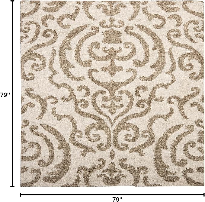 SAFAVIEH Florida Shag Collection Area Rug - 6'7" Square, Cream & Beige, Damask Design, Non-Shedding & Easy Care, 1.2-inch Thick Ideal for High Traffic Areas in Living Room, Bedroom (SG462-1113)