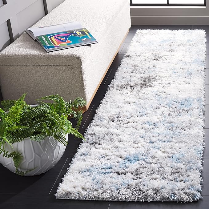SAFAVIEH Lindsay Shag Collection Runner Rug - 2'2" x 8', Grey & Blue Ivory, Modern Design, Plush 1.8-inch Thick, Ideal for High Traffic Areas in Living Room, Bedroom, Dining Room (LNS556F-28)