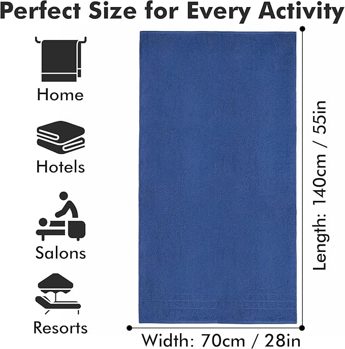 Bath Towels Set of 4 – 100% Cotton Royal Blue Extra Large Towels for Bathroom, Spa Use (55x28 in) – Super Soft and Quick Dry Large Bath Sheets for Adults