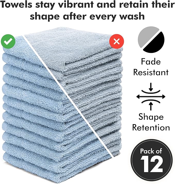 Face Towels Pack of 12 – 100% Cotton Wash Cloths (12x12 inch) – Soft, Quick Dry & Highly Absorbent Hand Towels for Bathroom, Spa, Gym, Kitchen and for Daily Use - (Sky Blue)