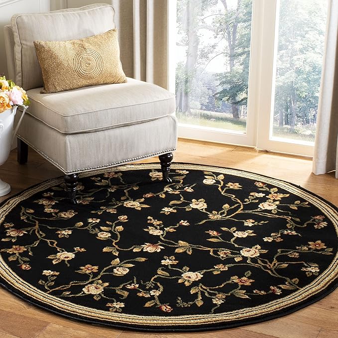 SAFAVIEH Lyndhurst Collection Area Rug - 5'3" Round, Black, Traditional Floral Design, Non-Shedding & Easy Care, Ideal for High Traffic Areas in Living Room, Bedroom (LNH220A)
