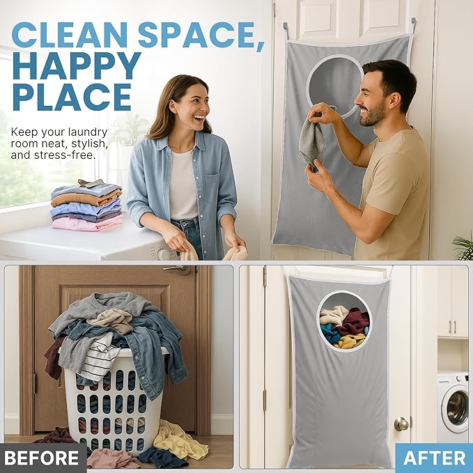 Hanging Laundry Hamper Bag XL 40x22", Space Saving over the Door Storage Bags, Behind the Door Hampers for Dirty Clothes & Wall Mounted Basket for Bathroom (2, Gray)