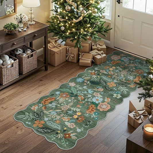 2x5 Washable Kitchen Area Rug: Floral Scalloped Entryway Runner Farmhouse Non-Slip Floor Carpet for Hallway Bathroom Soft Comfort Tile/Hardwood Floors Protection Mat Cute Home Decor(2x5, Floral/Green)