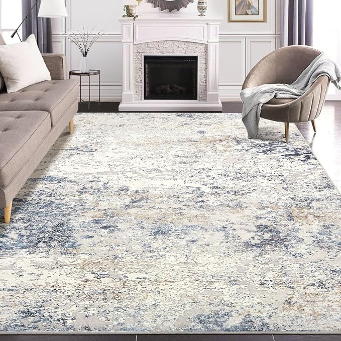 Area Rug Living Room Rugs - 8x10 Thickened Large Soft Indoor Neutral Modern Abstract Low Pile Washable Rug Carpet for Bedroom Dining Room Farmhouse Home Office - Beige Blue