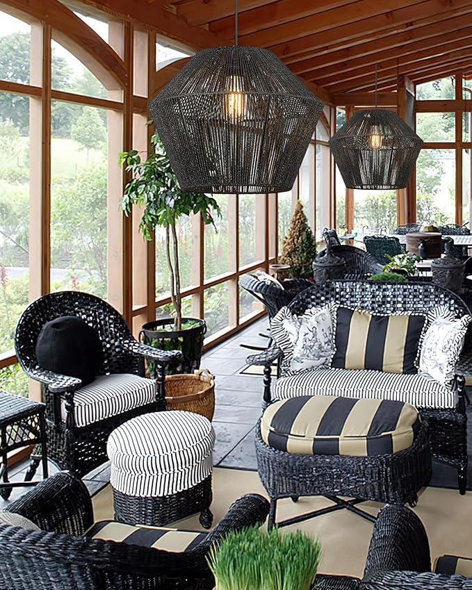 ELYONA 16.5” Large Modern Woven Chandelier Farmhouse Coastal Pendant Light Fixtures Matte Black Handwoven Rattan Basket Shade Boho Pendant Hanging Lamp for Kitchen Dining Room Bedroom Foyer Hallway