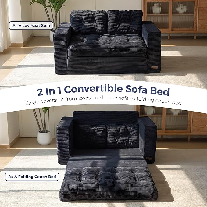 MAXYOYO Convertible Sofa Bed, Pull Out Loveseat Sleeper Sofa, Folding Couch Bed with Pillows for Living Room, Black