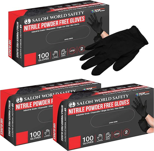 Salon World Safety Black Nitrile Disposable Gloves, Box of 100, Size X-Large, 5.0 Mil - Latex Free, Textured, Food Safe