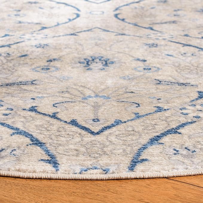 SAFAVIEH Brentwood Collection Area Rug - 6'7" Round, Light Grey & Blue, Floral Damask Ogee Trellis Design, Non-Shedding & Easy Care, Ideal for High Traffic Areas in Living Room, Bedroom (BNT860G)
