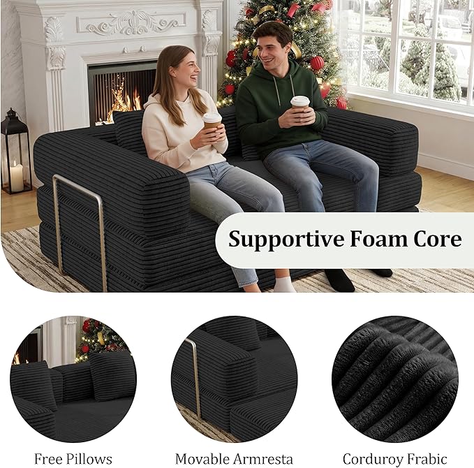 4-in-1 Foldable Sofa Bed Teddy Foam-Filled Compressed Couch Loveseat Sofa Boneless Foldable Convertible Sleeper Sofa Couch for Space Saving Living Room, Guest Bed, Playroom (Black, 53.15"Double Sofa)