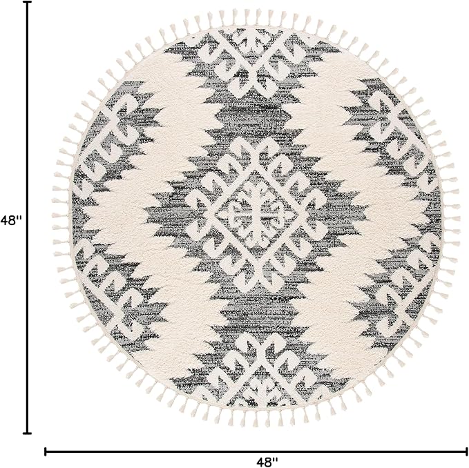 SAFAVIEH Moroccan Tassel Shag Collection Area Rug - 4' Round, Ivory & Grey, Boho Design, Non-Shedding & Easy Care, 2-inch Thick Ideal for High Traffic Areas in Living Room, Bedroom (MTS652F)