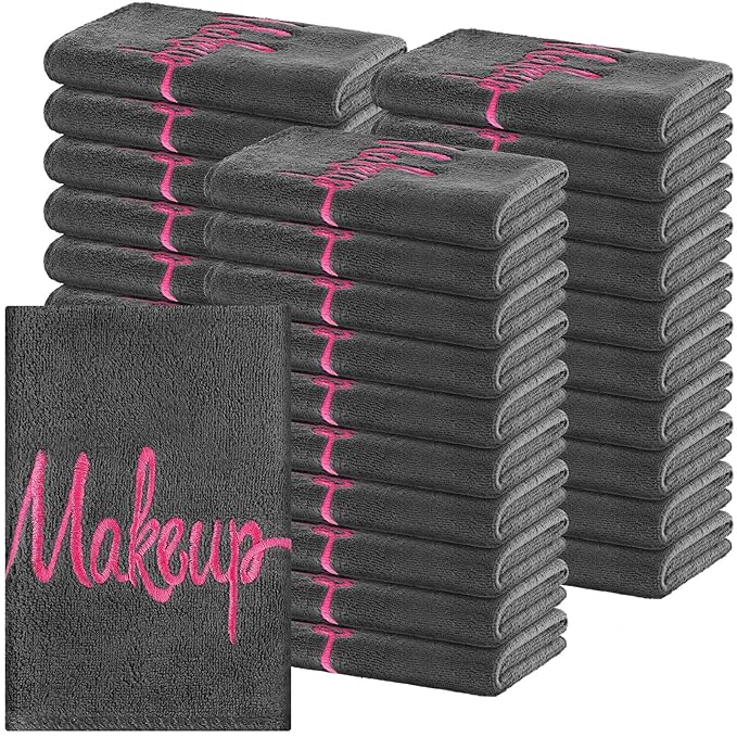 96 Pack Makeup Remover Cloths, 13 x 13 Inch Makeup Towels Bulk Soft Microfiber Face Towels Reusable Makeup Washcloths with Makeup Embroidery for Women Skin (Gray)