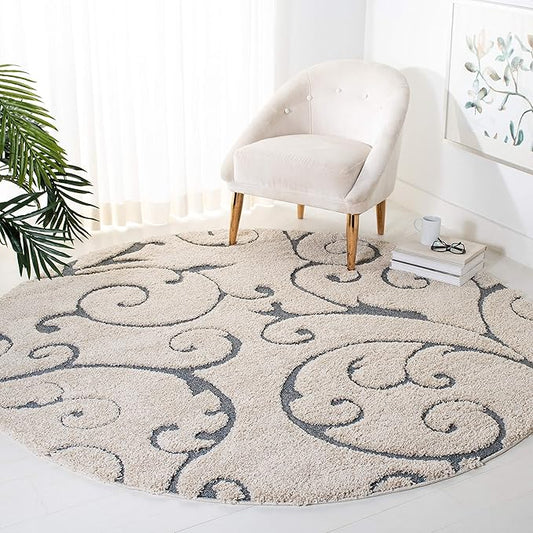 SAFAVIEH Florida Shag Collection Area Rug - 4' Round, Beige & Blue Grey, Scroll Design, Non-Shedding & Easy to Clean, High-Low Plush Pile, Ideal for Living Room, Bedroom, Dining Space (SG455-1155)