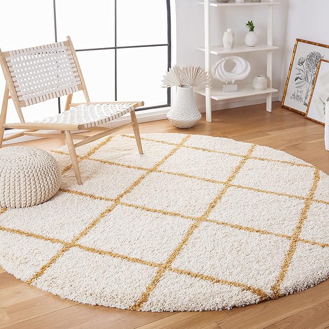 SAFAVIEH Hudson Shag Collection Area Rug - 7' Round, Ivory & Gold, Modern Trellis Design, Non-Shedding & Easy Care, 2-inch Thick Ideal for High Traffic Areas in Living Room, Bedroom (SGH281E)