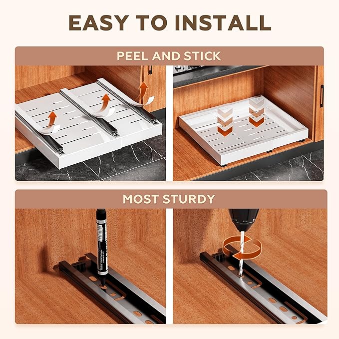 2Pack Expandable Pull Out Cabinet Organizer 21" Deep with Raising Pad for Framed Cabinets, Roll Out Shelves Adhesive, Adjustable Width 12.24"-20.5" W