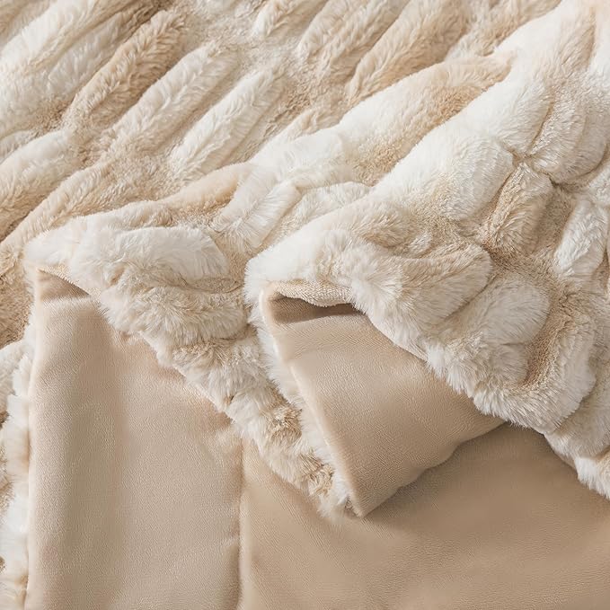 WDCOZY Ruched Faux Fur Throw Blanket Soft Cozy Fluffy Luxurious Blankets Couch Bed Sofa Chair Home Decor Warm Furry Fall Winter Plush Rabbit Fur Bubble Blanket 50" x 60", Caramel Beige Camel Neutral