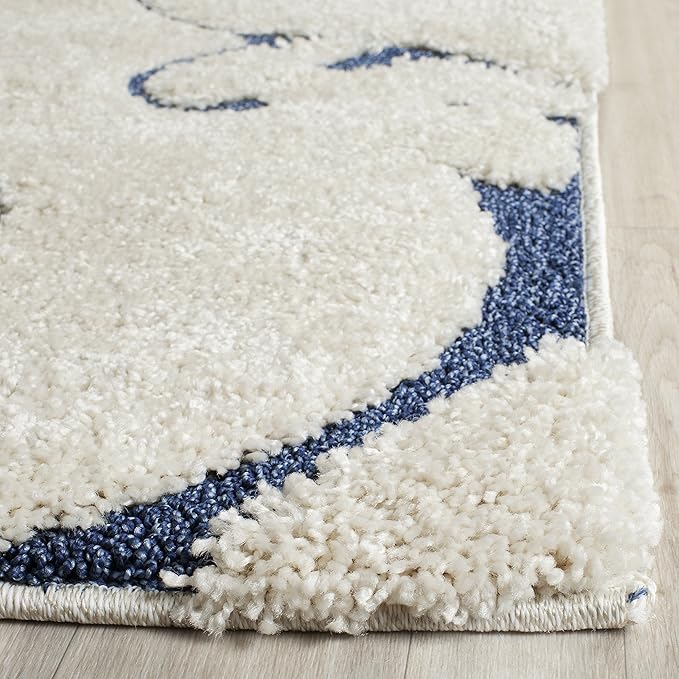 SAFAVIEH Florida Shag Collection Runner Rug - 2'3" x 7', Cream & Blue, Scroll Design, Non-Shedding & Easy to Clean, High-Low Plush Pile, Ideal for Bedroom, Foyer, Hallway (SG455-1165)