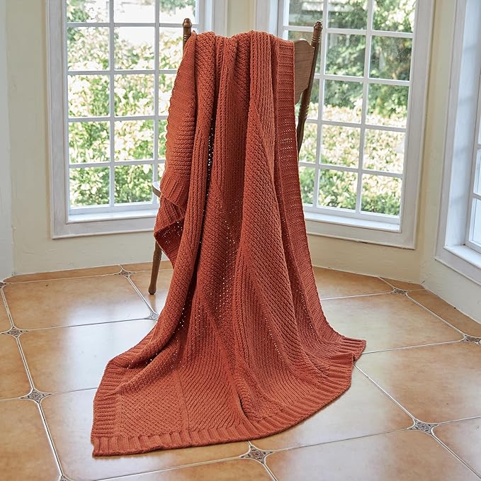 Chenille Knit Throw Blanket 50x60 - Burnt Orange Cozy Blanket for Couch & Sofa