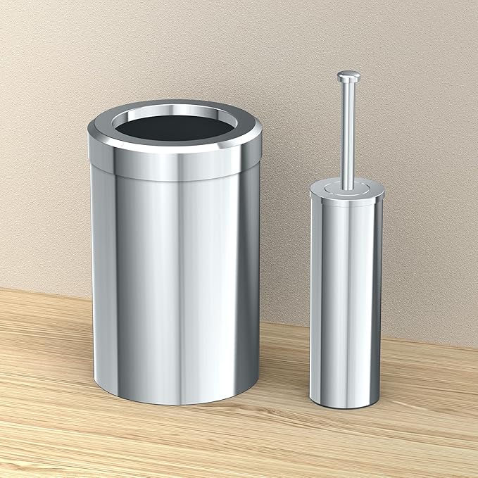 Gatco Small Bathroom Trash Can With Lid And Toilet Brush Set, Round 3 Gallon Stainless Steel Wastebasket, Under Sink, Chrome, For Bathroom, Bedroom, Office (2975)