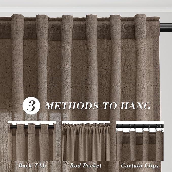 Joywell Light Brown Back Tab Rod Pocket Linen Curtains 102 Inches Long 2 Panels for Living Room Bedroom Neutral Boho Farmhouse Rustic Light Filtering Semi Sheer Curtains Window Treatment 52x102